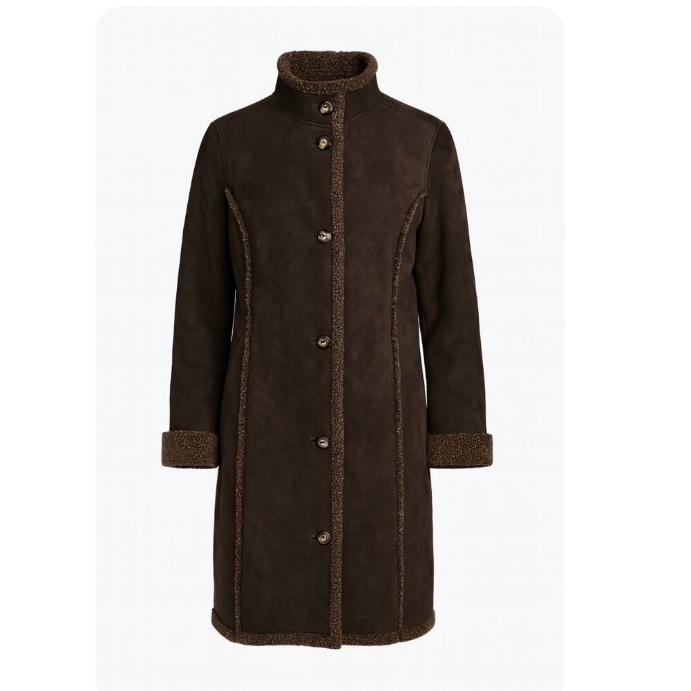 L.L. Bean Chocolate Brown Faux Suede and Shearling Coat NWOT - Picture 2 of 10